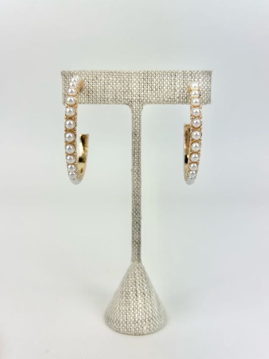 Pearl Studded Gold Hoops Earrings in  at Wrapsody