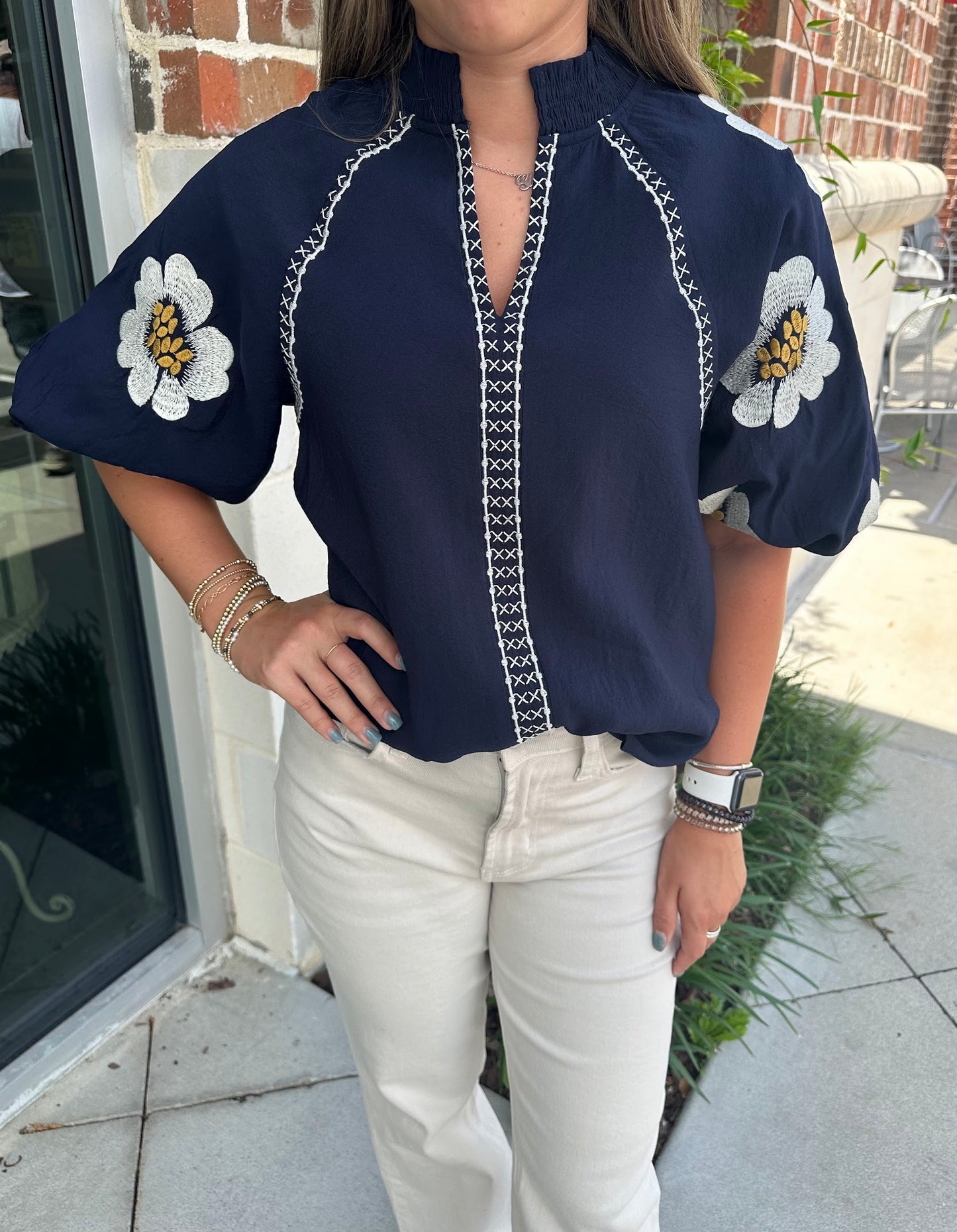 Daisy Embroidered Sleeve Blouse Tops in  at Wrapsody