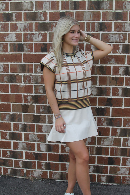 Cream Plaid Short Sleeve Sweater Tops in  at Wrapsody