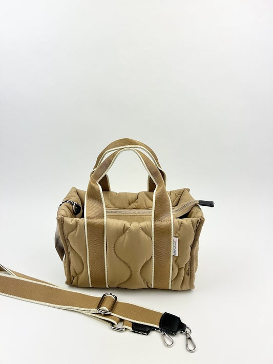 Airdrie Mini Puffer Tote - Tan/White Totes in  at Wrapsody