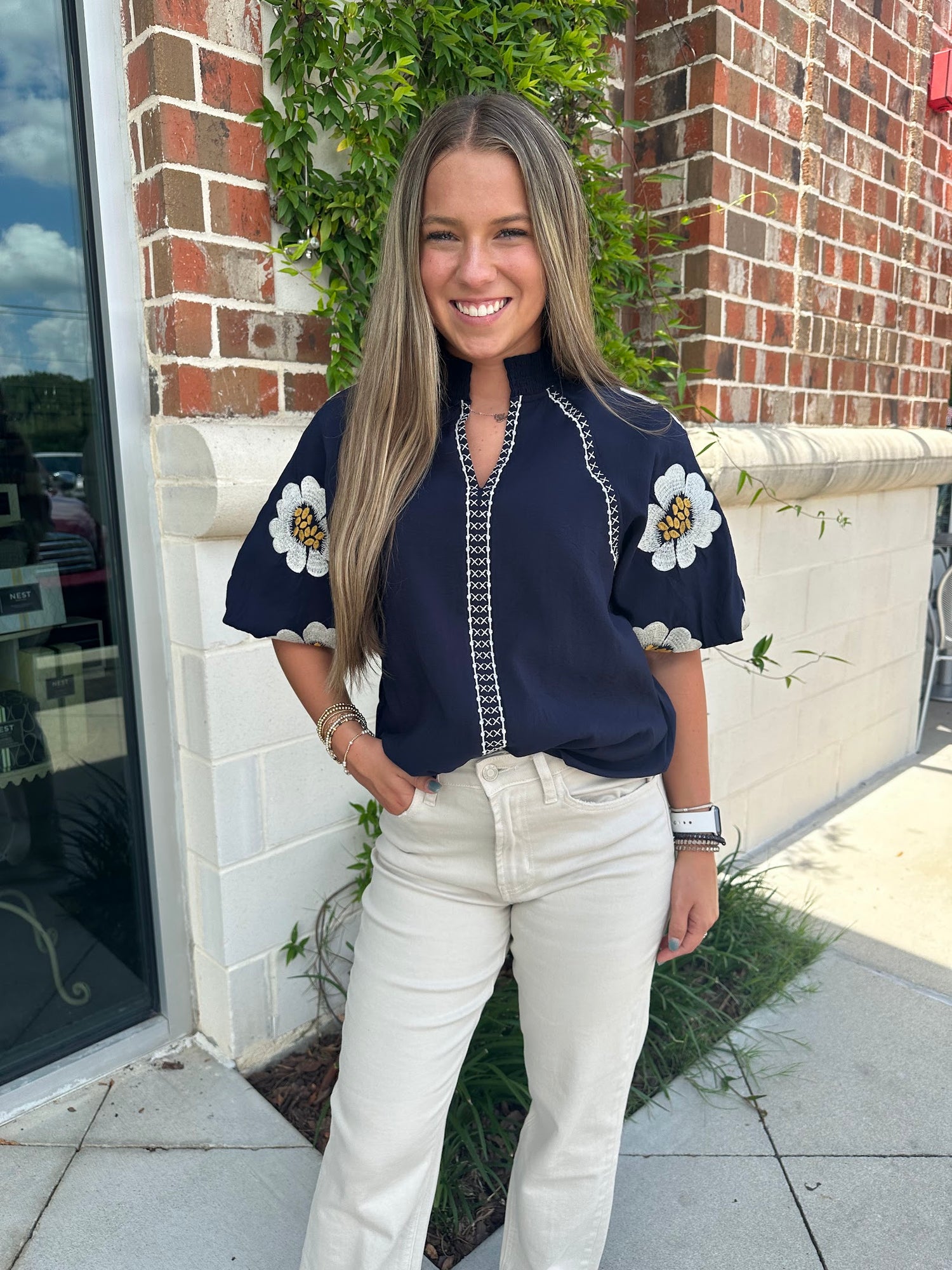 Daisy Embroidered Sleeve Blouse Tops in Navy at Wrapsody