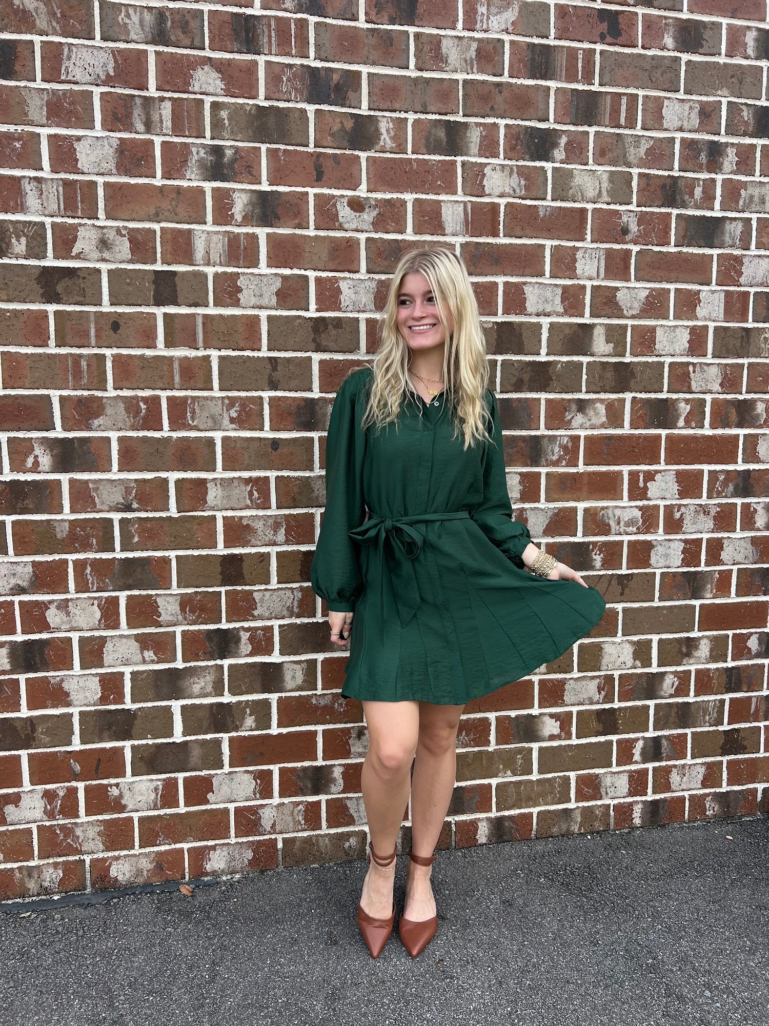 Jewel Green Pleats Dress Dresses in  at Wrapsody