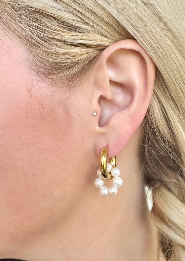 Gold & Pearl Hoop Earrings in  at Wrapsody