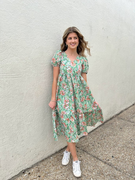 A Floral Daydream Midi Dress - Green/Coral Dresses in  at Wrapsody