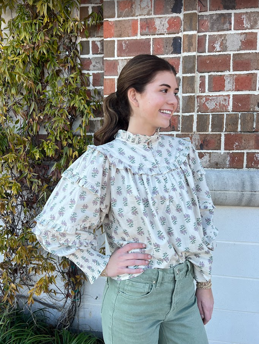 Ruffle Long Sleeve Floral Blouse Tops in  at Wrapsody