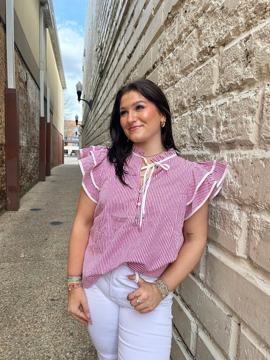 Cherry Blossoms Striped Blouse Tops in  at Wrapsody