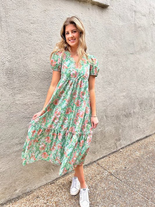 A Floral Daydream Midi Dress - Green/Coral Dresses in S at Wrapsody