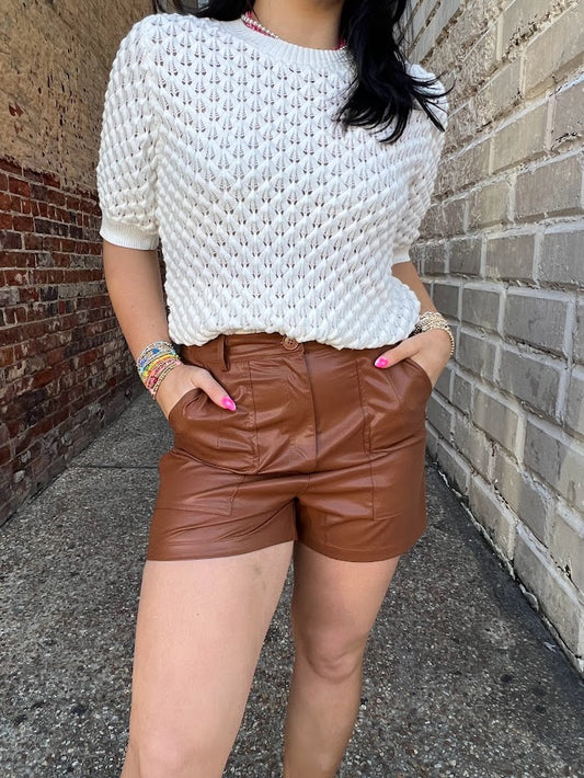 Tobacco Leather Shorts Shorts in  at Wrapsody