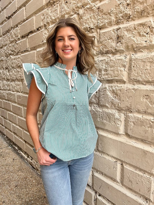 On the Greenway Striped Blouse Tops in  at Wrapsody