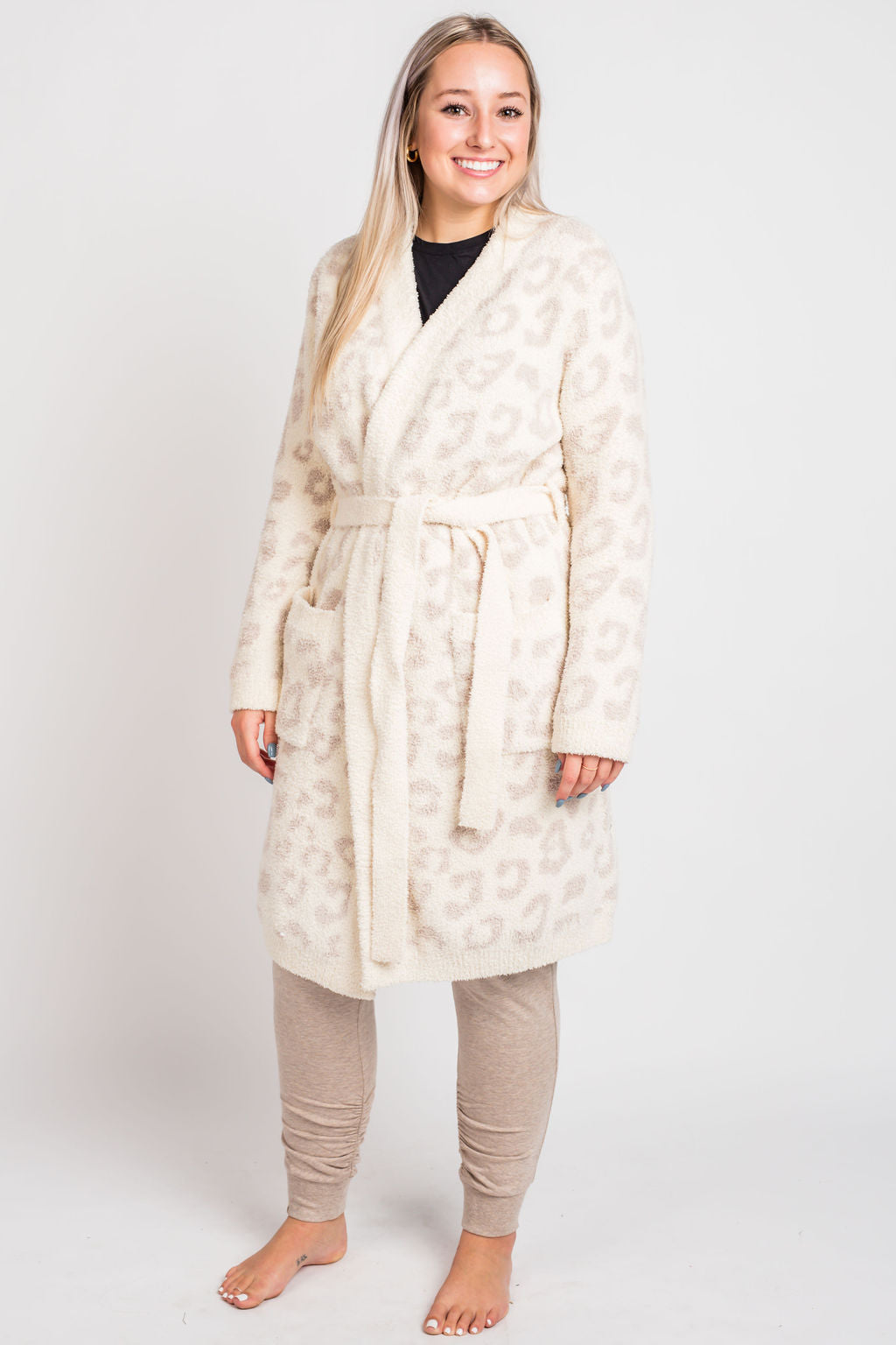 Barefoot Dreams CozyChic In The Wild Robe Loungewear in Cream/Stone at Wrapsody