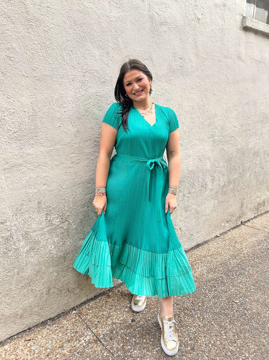 Pleated Contrast Midi Dress - Teal Dresses in XS at Wrapsody