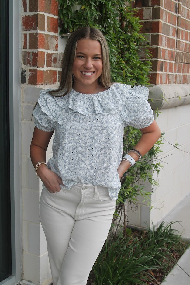 Eyelet Dreams Blouse Tops in Blue/Wht at Wrapsody