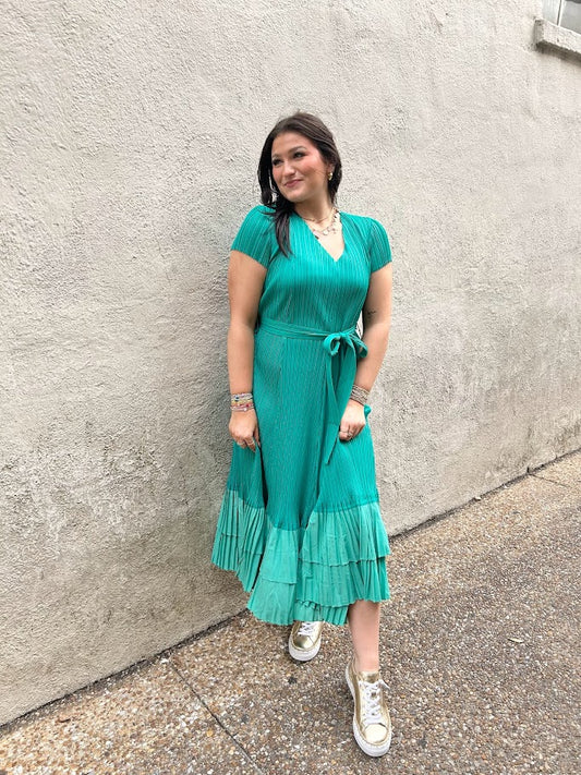 Pleated Contrast Midi Dress - Teal Dresses in  at Wrapsody